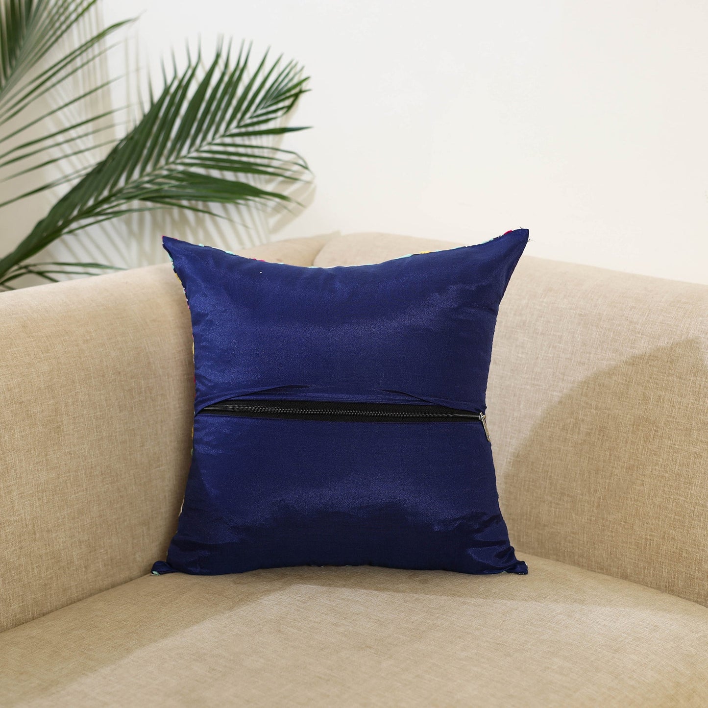 Purple Hand Embroidered Cushion Cover in Chanderi Silk