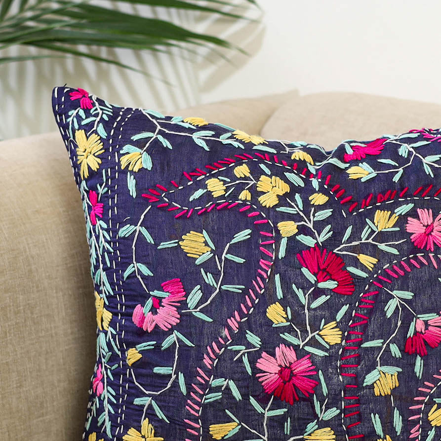 Purple Hand Embroidered Cushion Cover in Chanderi Silk
