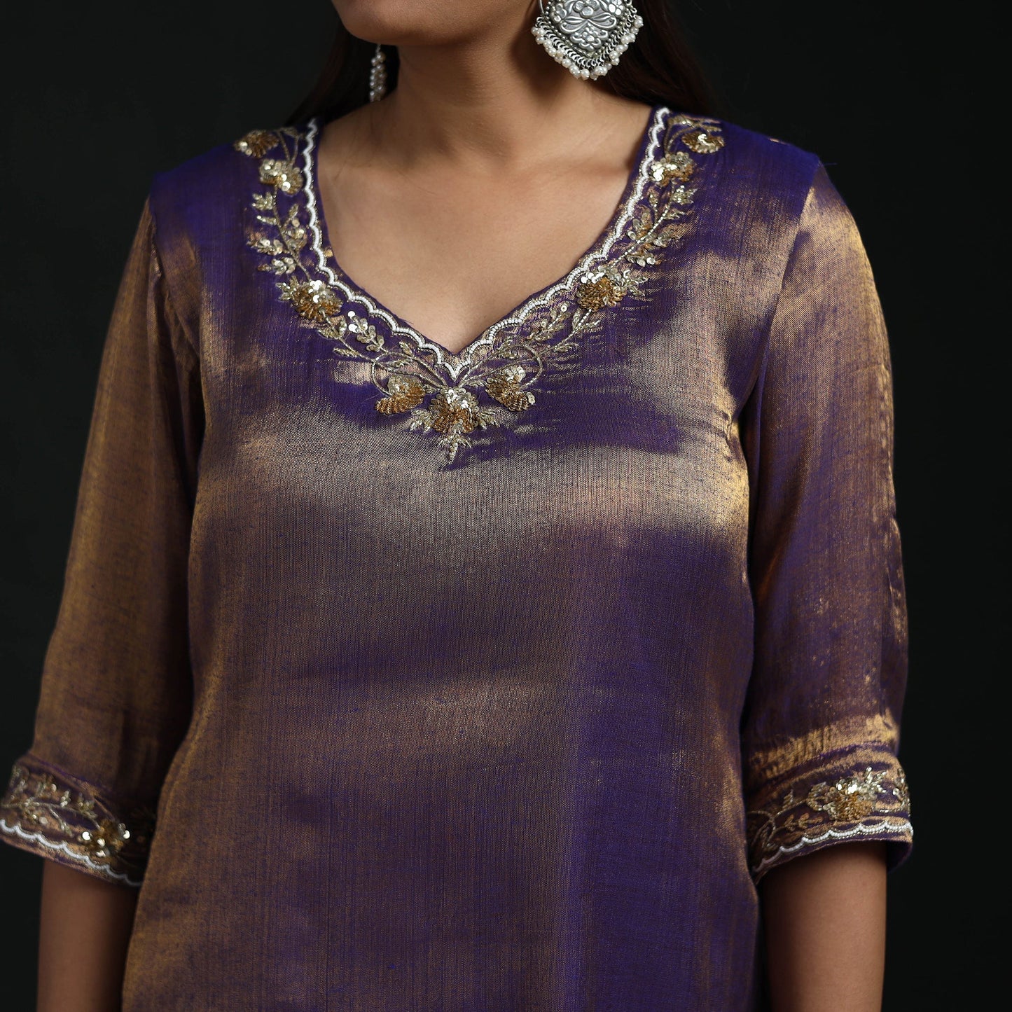 Hand embroidery fine tissue zari straight plain kurta
