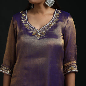 Hand embroidery fine tissue zari straight plain kurta