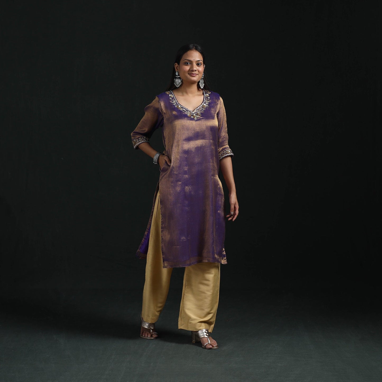 Hand embroidery fine tissue zari straight plain kurta