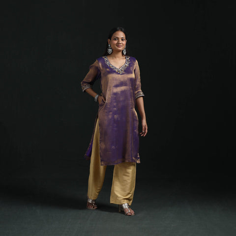 Hand embroidery fine tissue zari straight plain kurta