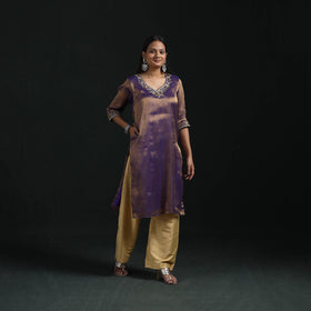 Hand embroidery fine tissue zari straight plain kurta
