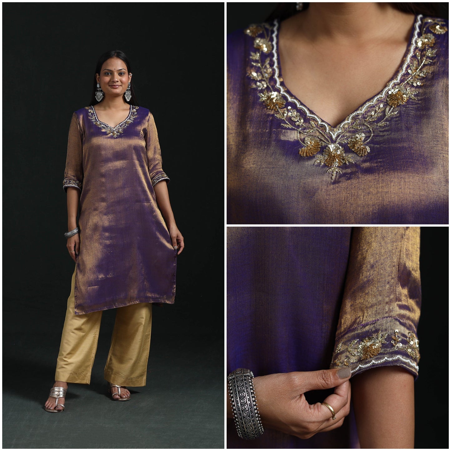 Hand embroidery fine tissue zari straight plain kurta