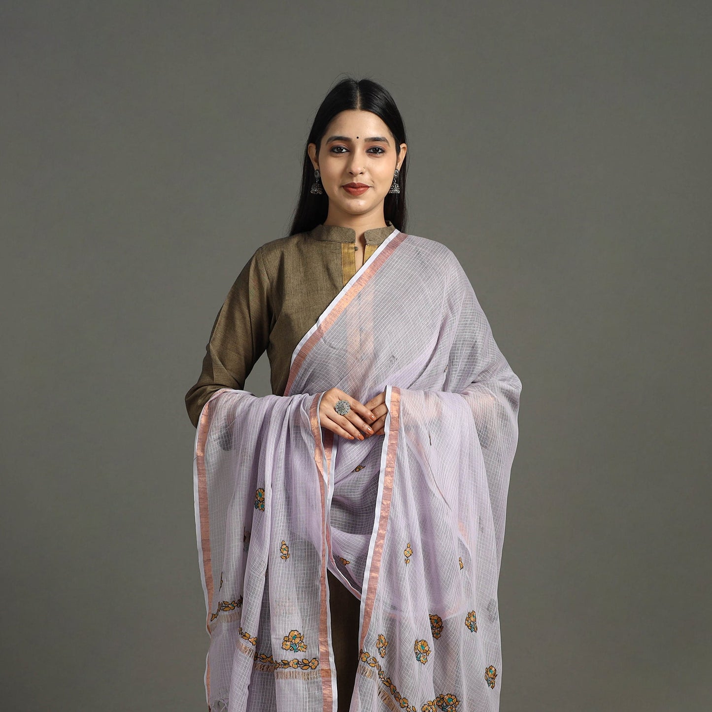 Purple - hand embroidery kota silk handloom kashida dupatta