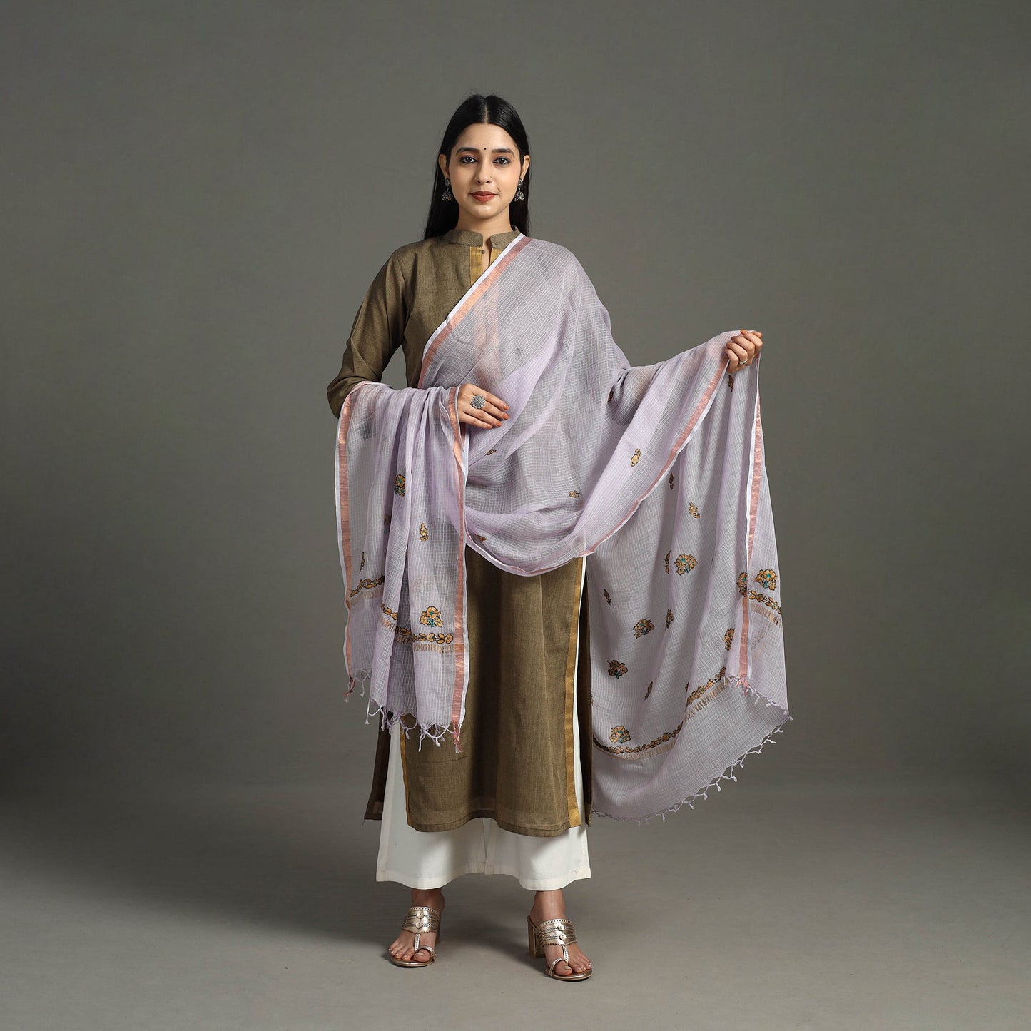 Purple - hand embroidery kota silk handloom kashida dupatta