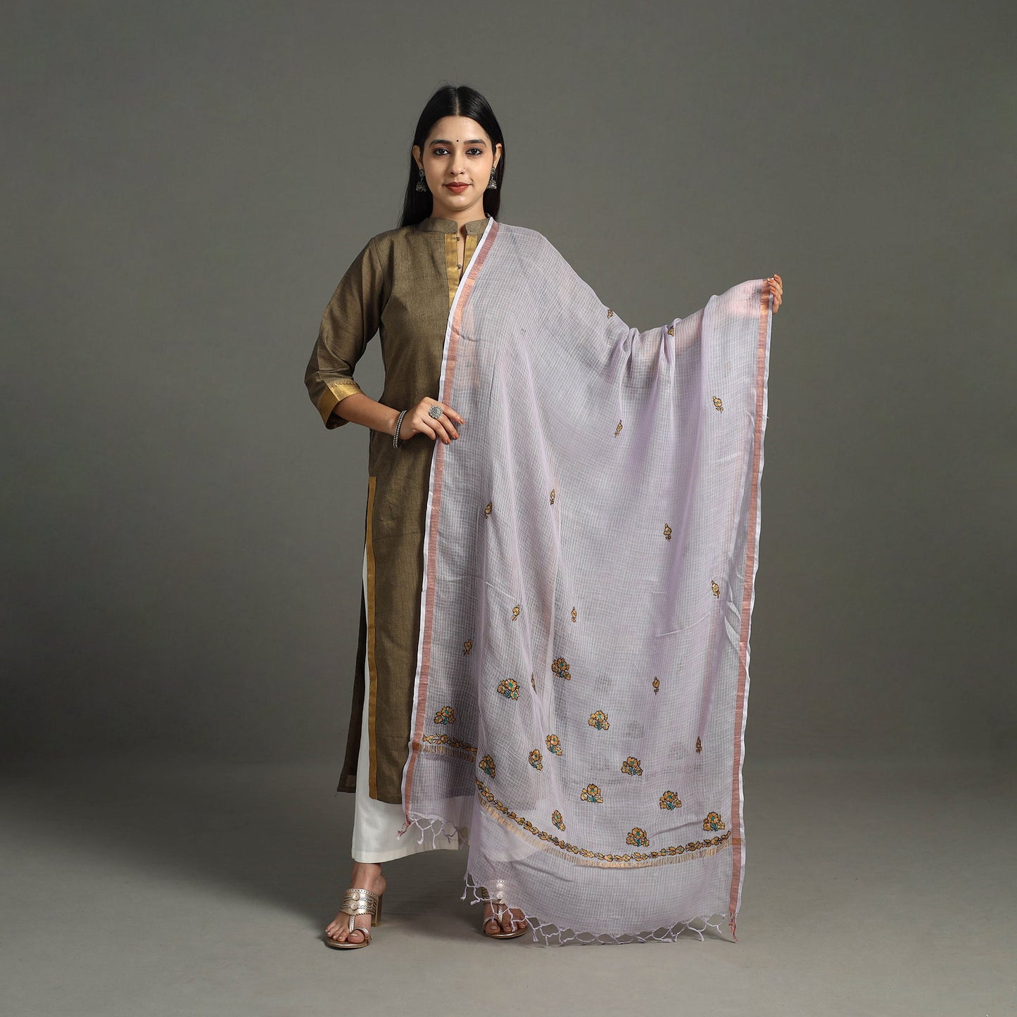 Purple - hand embroidery kota silk handloom kashida dupatta