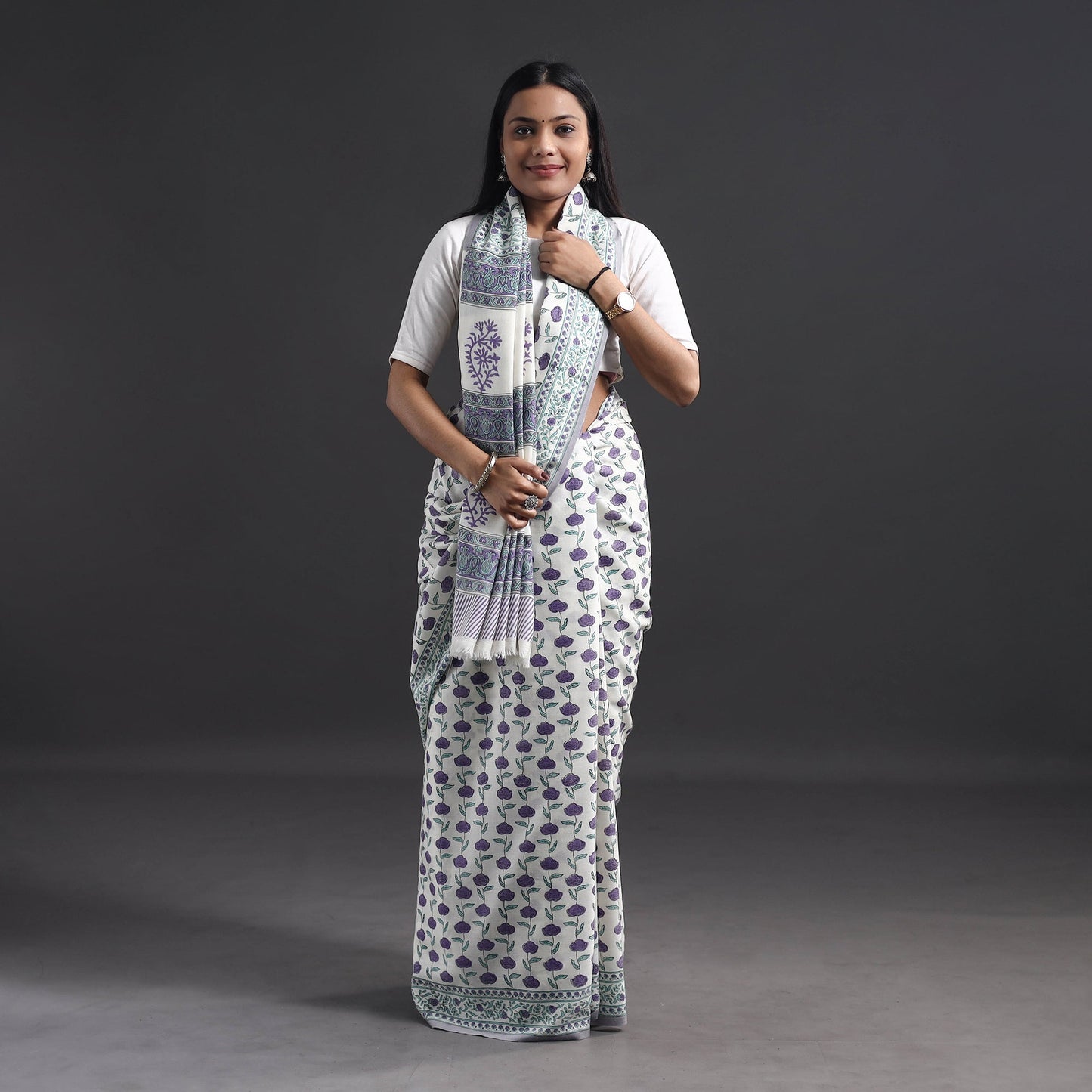 Buy Purple Hand Block Print Merino Wool Sanganeri Saree 