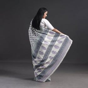 Buy Purple Hand Block Print Merino Wool Sanganeri Saree 