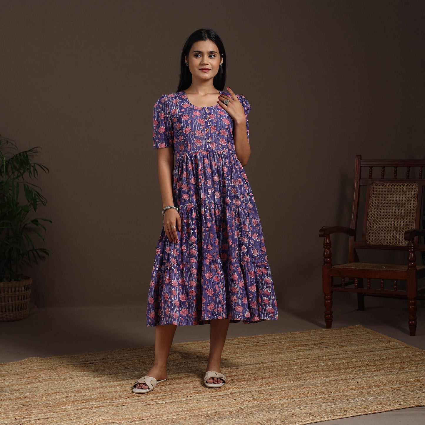 Purple - hand tiered sanganeri dress 01 - handcrafted