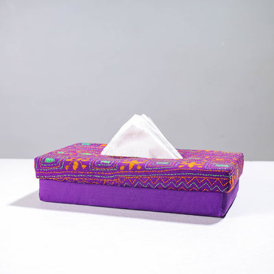 Purple Handcrafted Bengal Kantha Work Tissue Box 