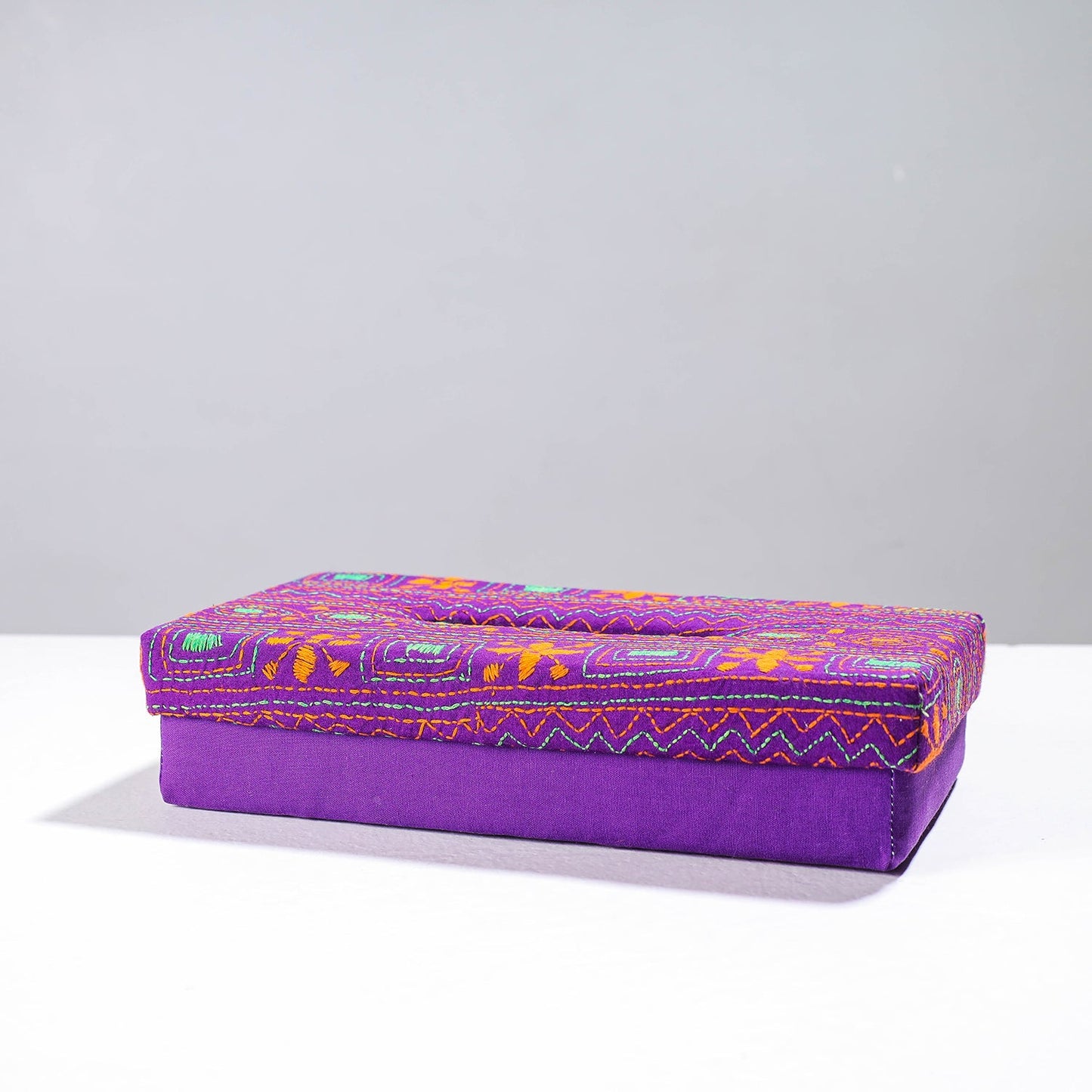  Purple Handcrafted Bengal Kantha Work Tissue Box 