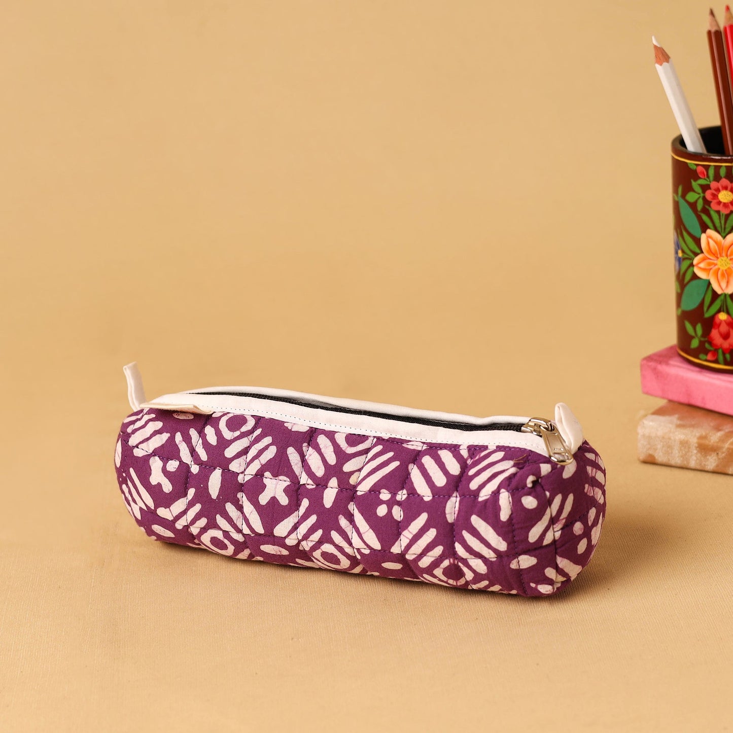 Purple - handcrafted cotton quilted pencil pouch 05