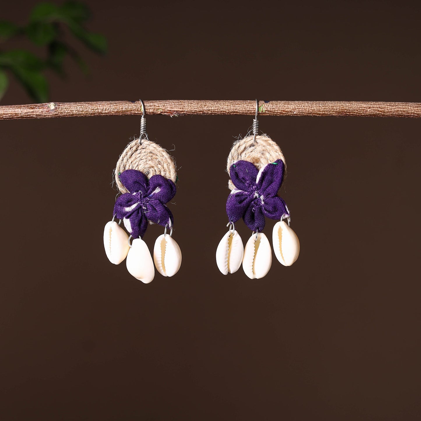 Purple - handcrafted jute phool kali shell earrings 44