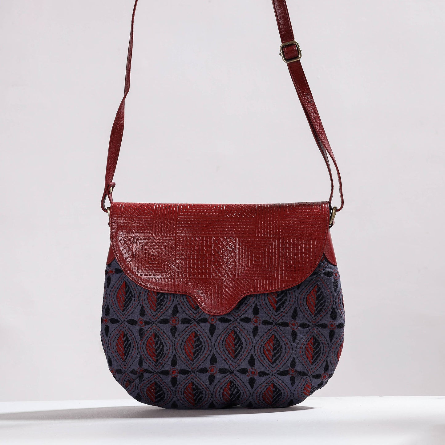  Handcrafted Kantha Embroidery Cotton & Embossed Leather Sling Bag 