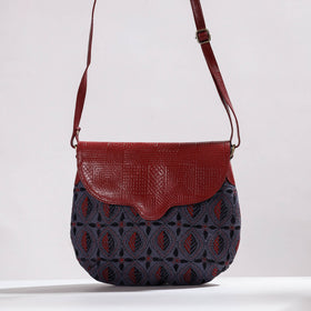  Handcrafted Kantha Embroidery Cotton & Embossed Leather Sling Bag 