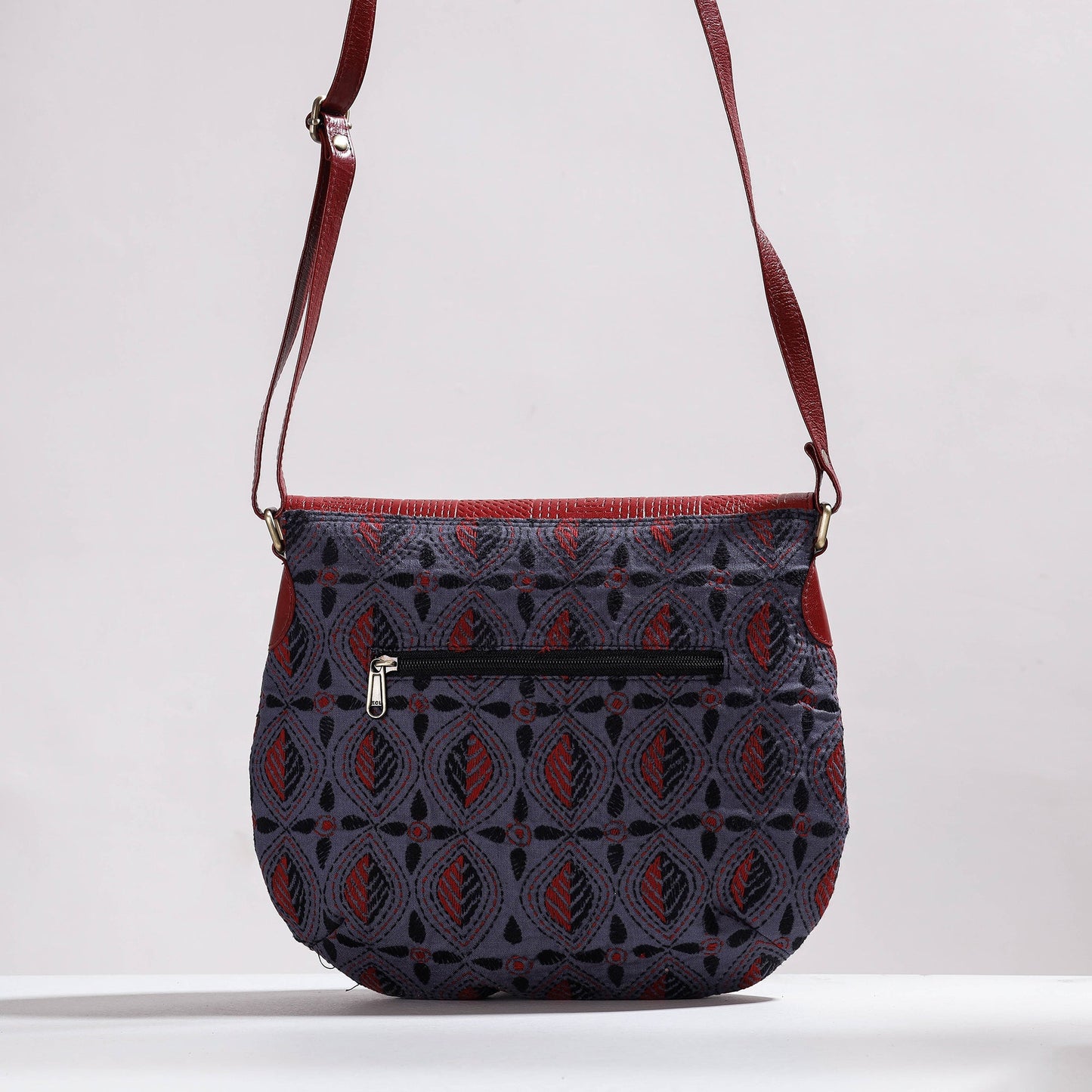  Handcrafted Kantha Embroidery Cotton & Embossed Leather Sling Bag 