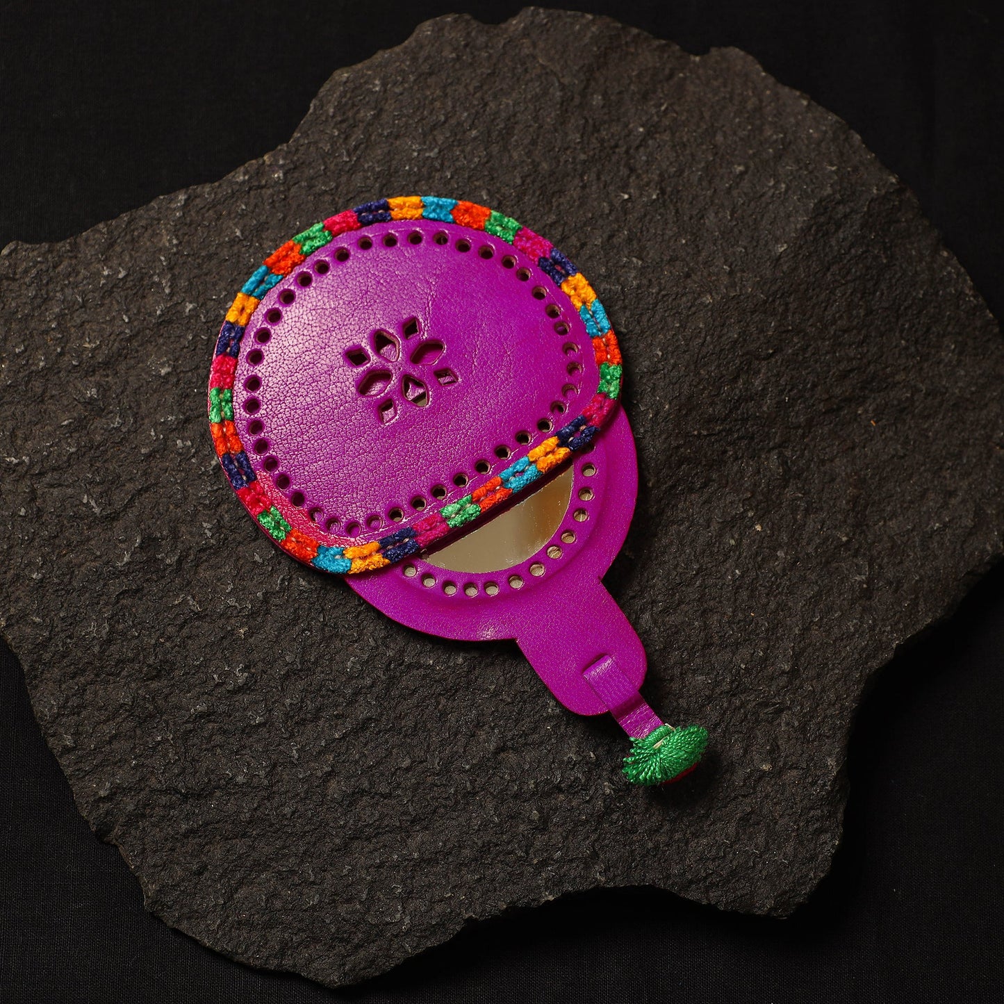 Purple Handcrafted Kutch Cutwork Leather Hand Mirror with Pouch