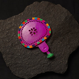 Purple Handcrafted Kutch Cutwork Leather Hand Mirror with Pouch