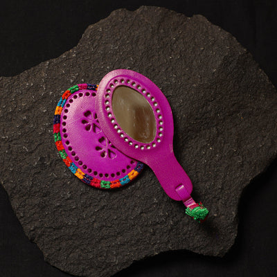 Purple Handcrafted Kutch Cutwork Leather Hand Mirror with Pouch