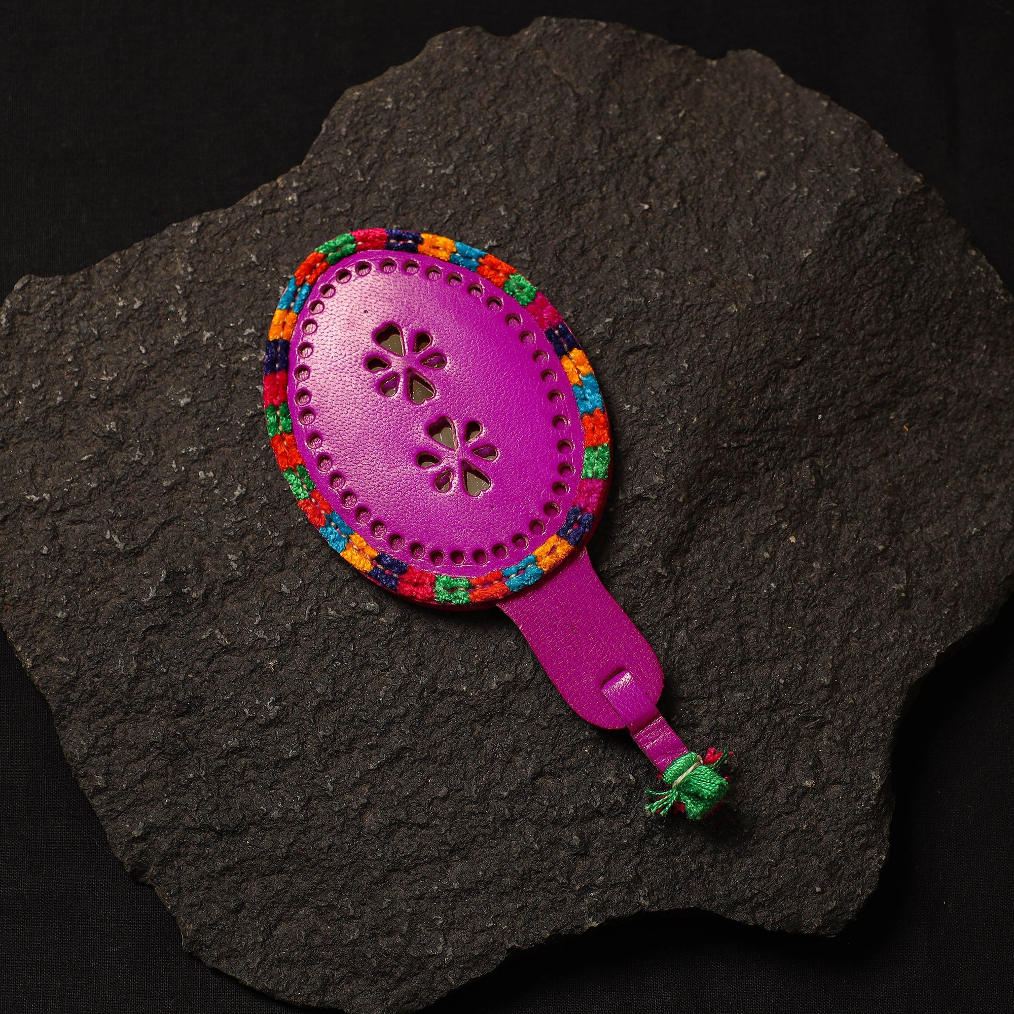 Purple Handcrafted Kutch Cutwork Leather Hand Mirror with Pouch
