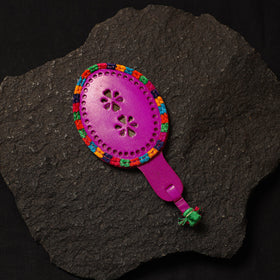 Purple Handcrafted Kutch Cutwork Leather Hand Mirror with Pouch