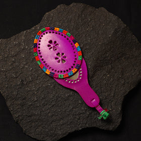 Purple Handcrafted Kutch Cutwork Leather Hand Mirror with Pouch