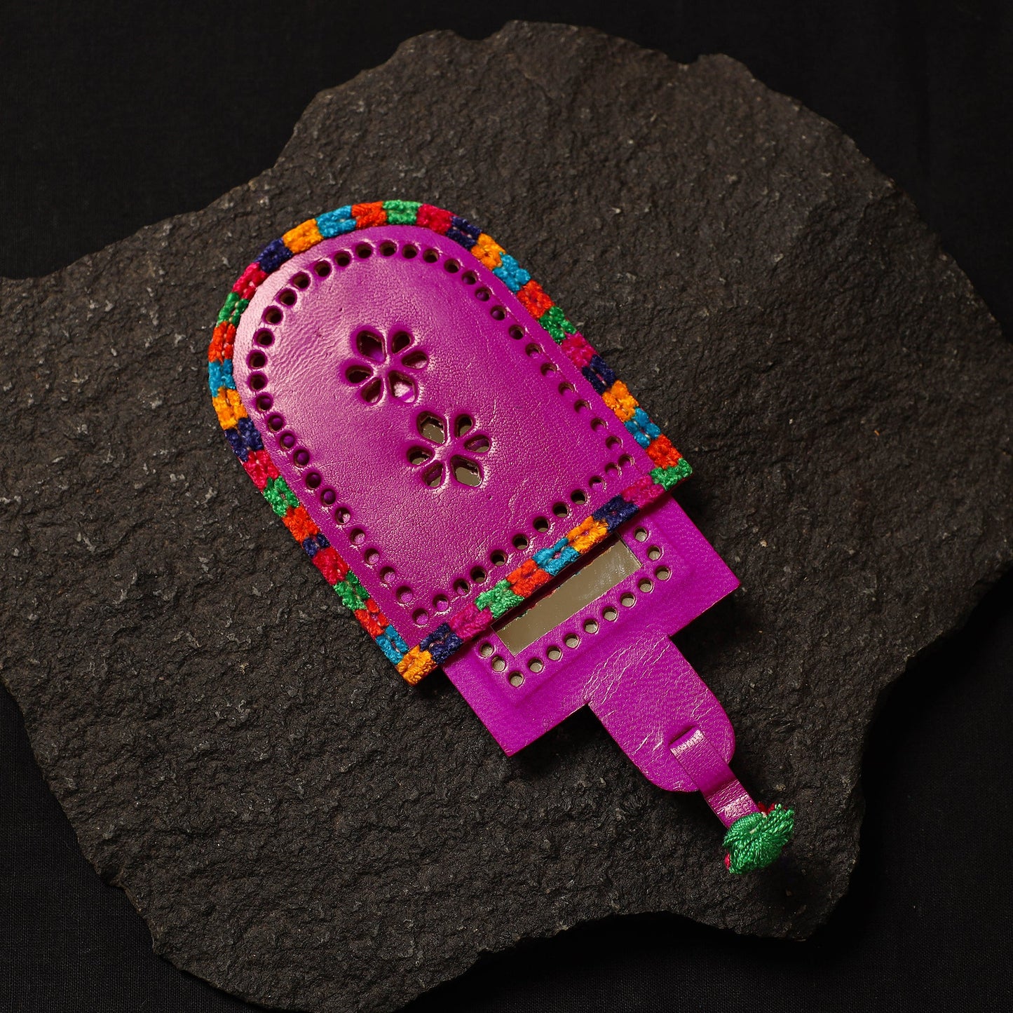 Purple Handcrafted Kutch Cutwork Leather Hand Mirror with Pouch