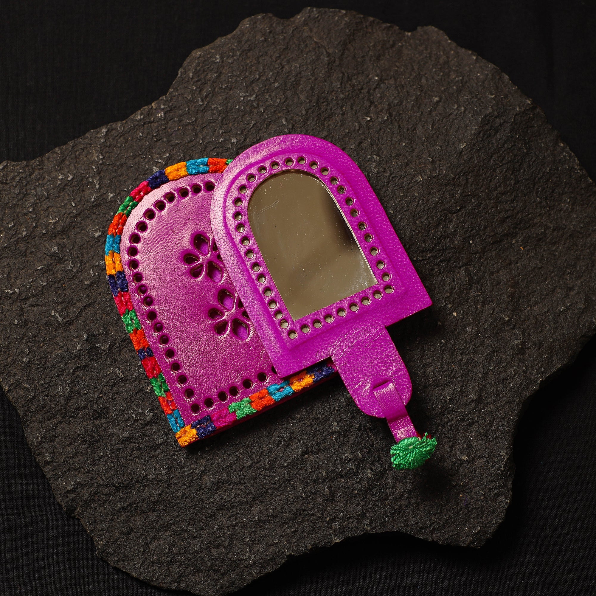 Purple Handcrafted Kutch Cutwork Leather Hand Mirror with Pouch
