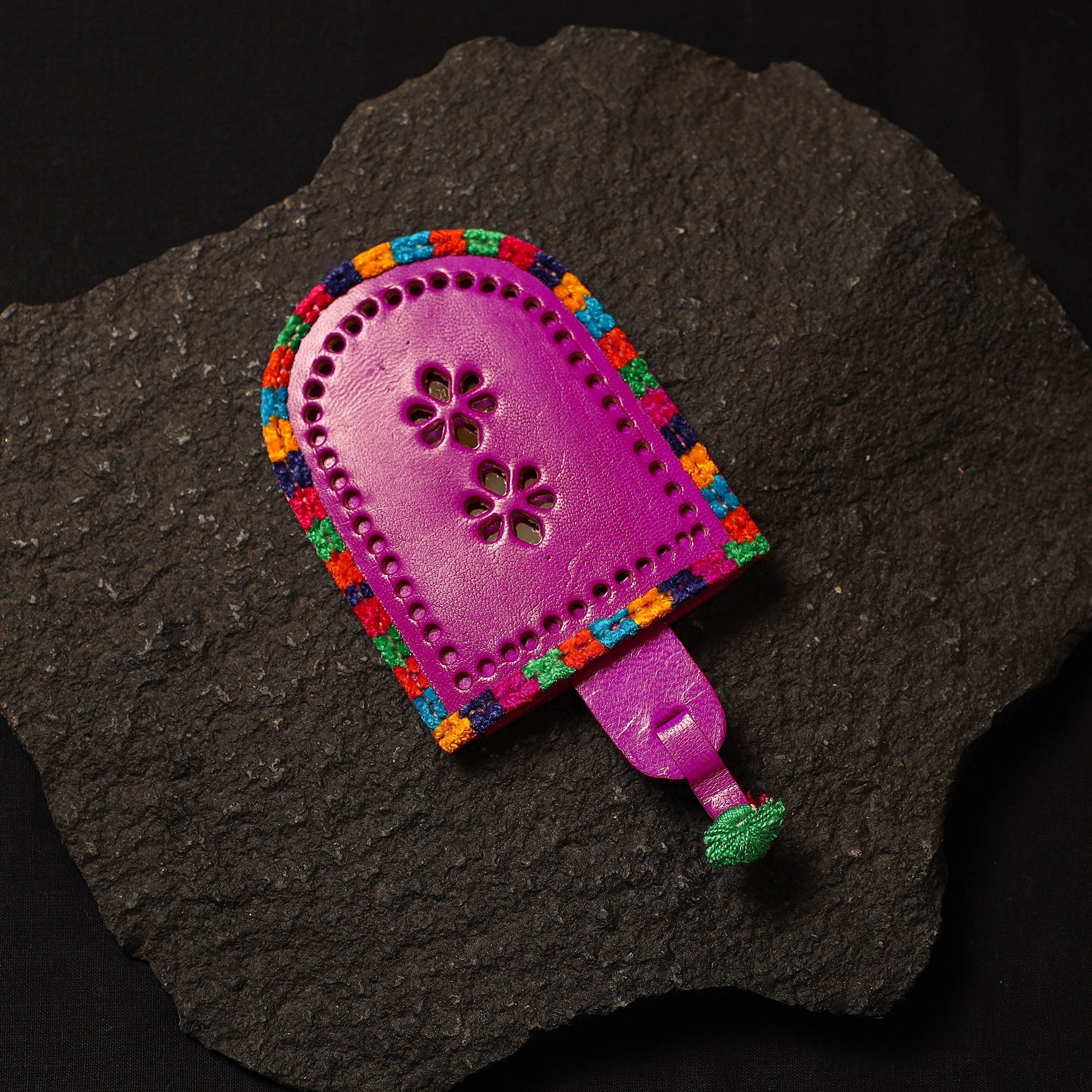 Purple Handcrafted Kutch Cutwork Leather Hand Mirror with Pouch