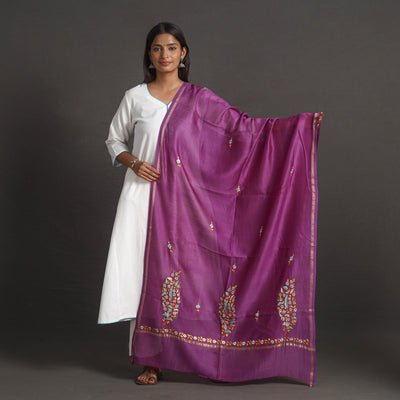 Purple - handloom chanderi silk kashida embroidery dupatta