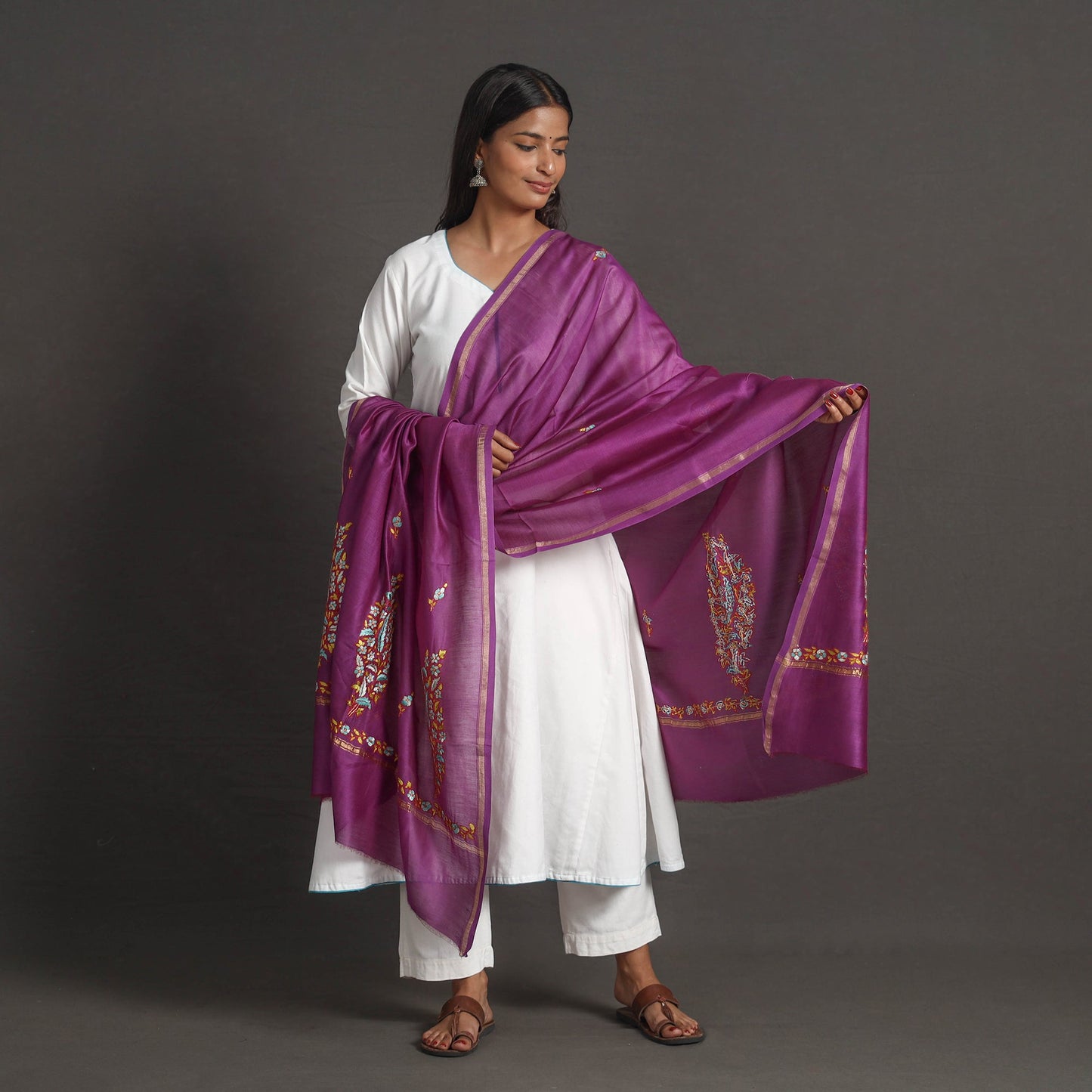 Purple - handloom chanderi silk kashida embroidery dupatta