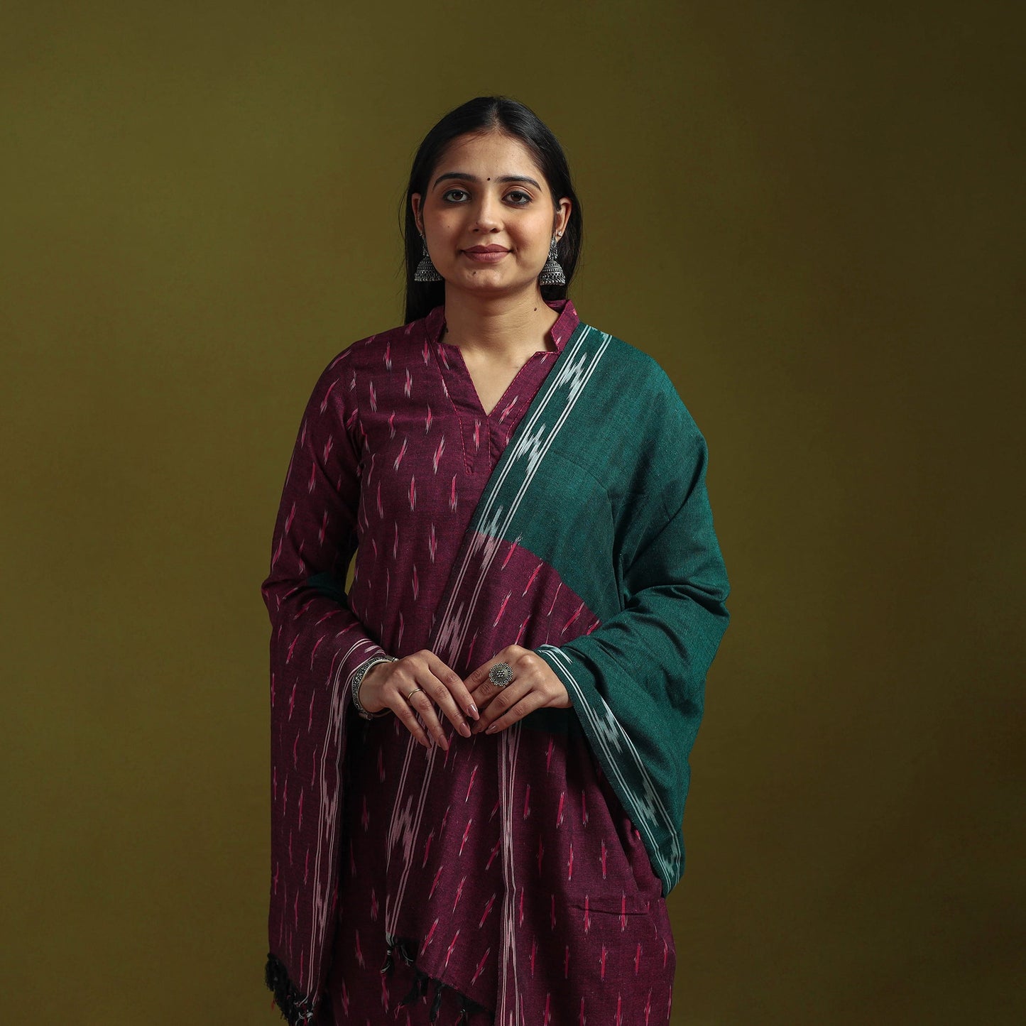 Handloom cotton embroidered pochampally ikat 3pc kurta set