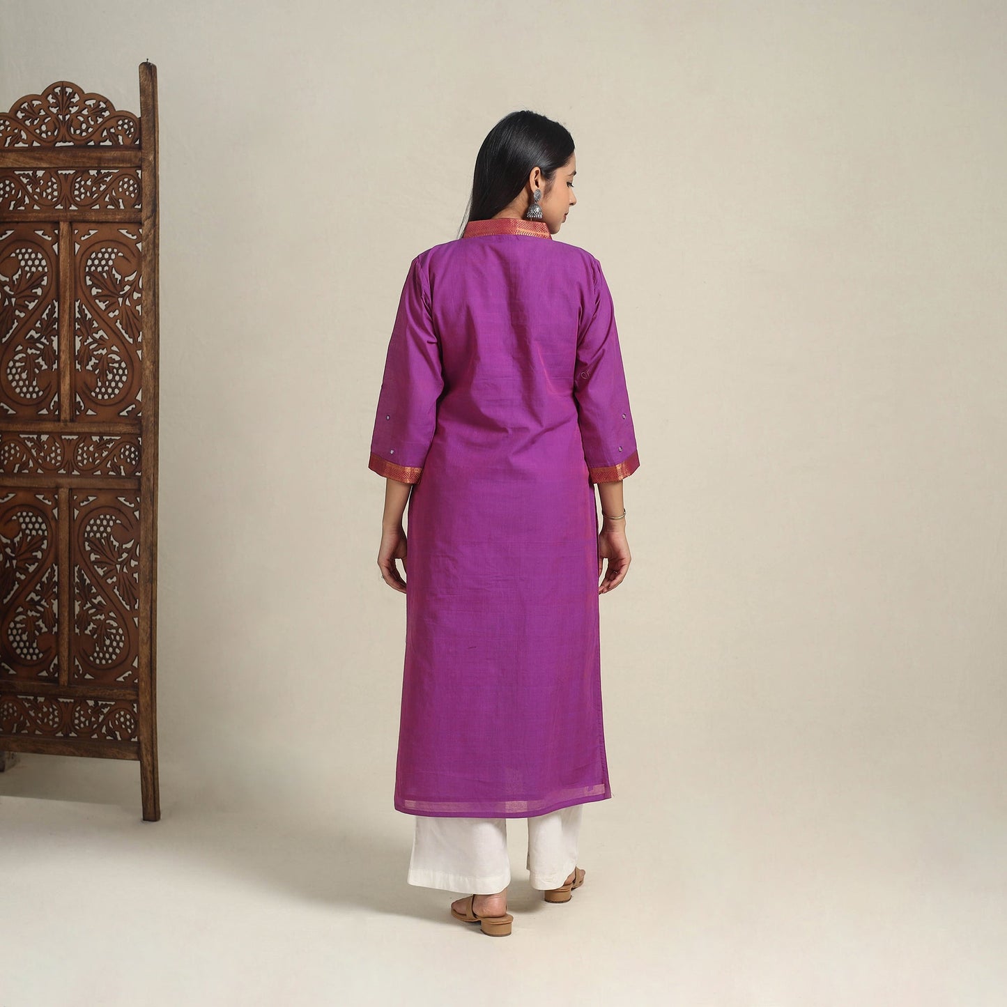 Handloom Cotton Mirror Work Purple Straight Mangalagiri Kurta