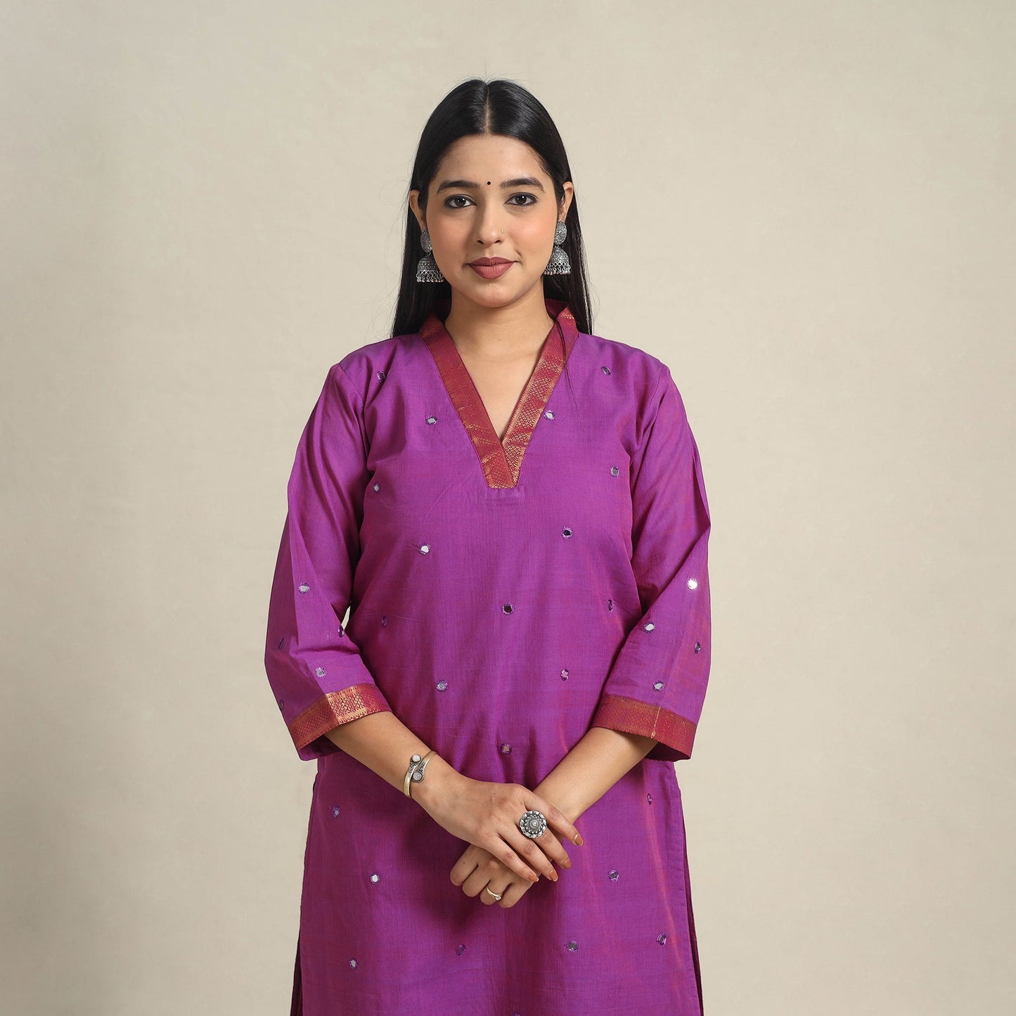 Handloom Cotton Mirror Work Purple Straight Mangalagiri Kurta