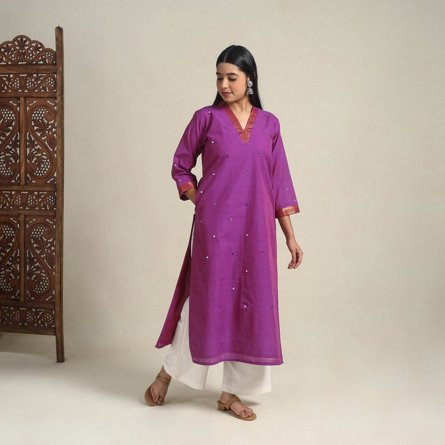 Handloom Cotton Mirror Work Purple Straight Mangalagiri Kurta
