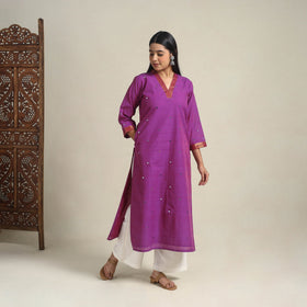 Handloom Cotton Mirror Work Purple Straight Mangalagiri Kurta