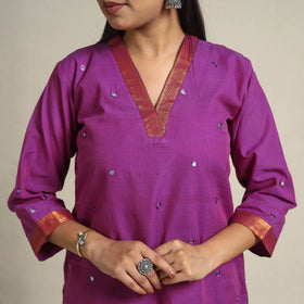 Handloom Cotton Mirror Work Purple Straight Mangalagiri Kurta