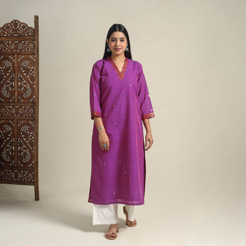Handloom Cotton Mirror Work Purple Straight Mangalagiri Kurta