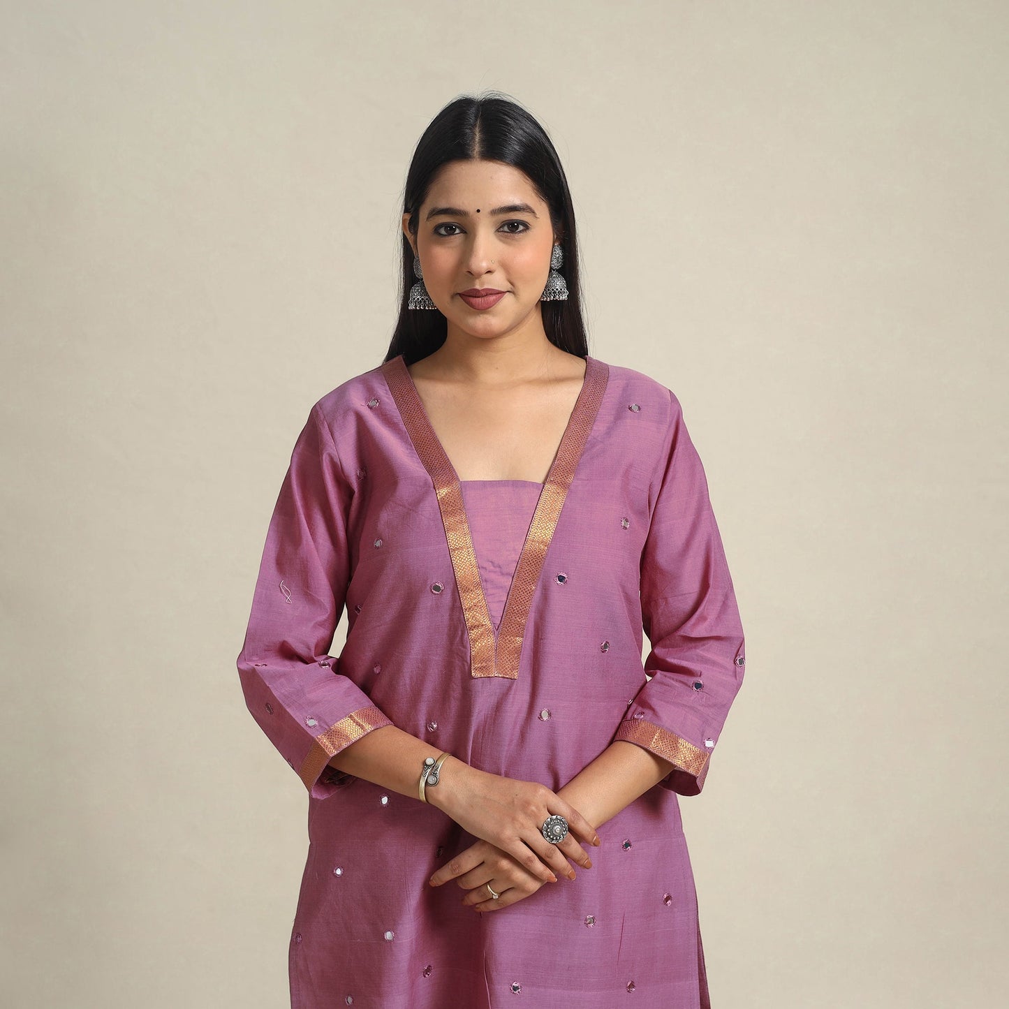 Handloom Cotton Mirror Work Purple Straight Mangalagiri Kurta for Women