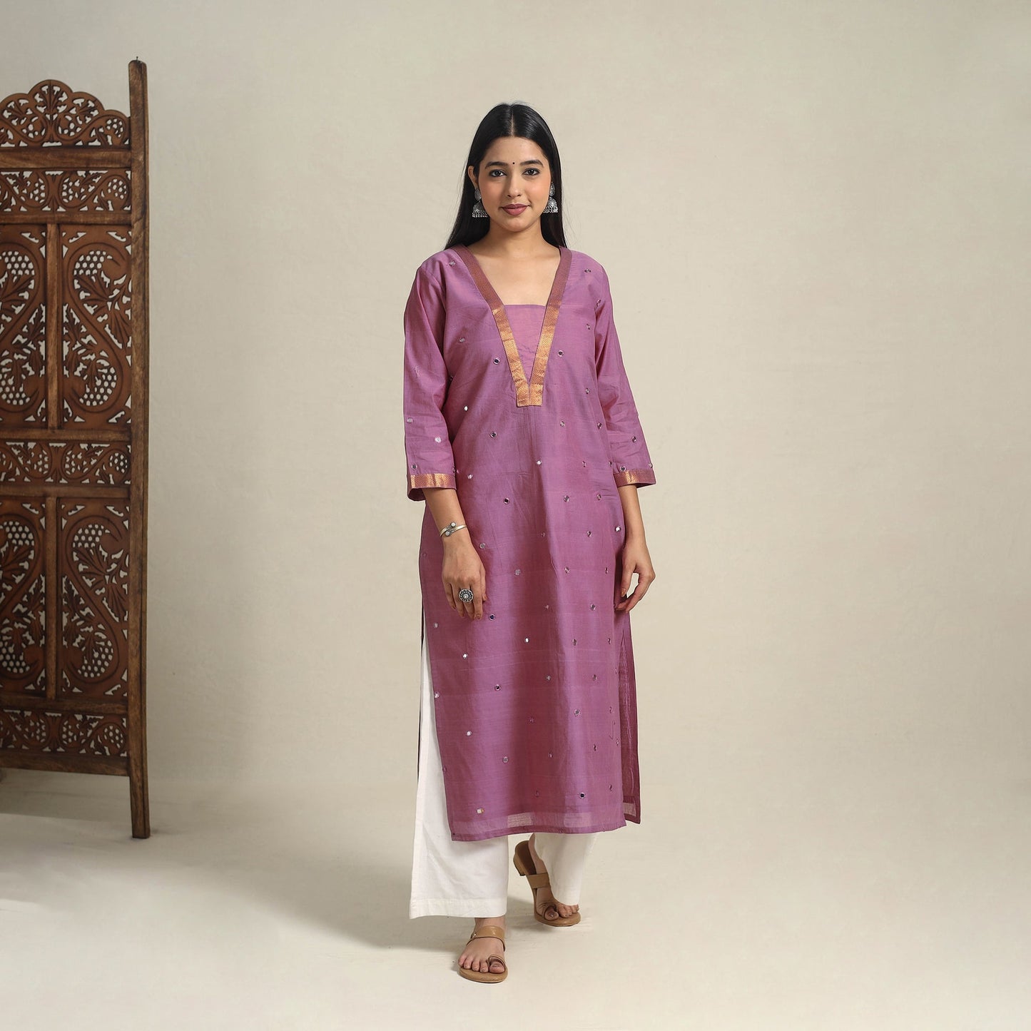 Handloom Cotton Mirror Work Purple Straight Mangalagiri Kurta for Women
