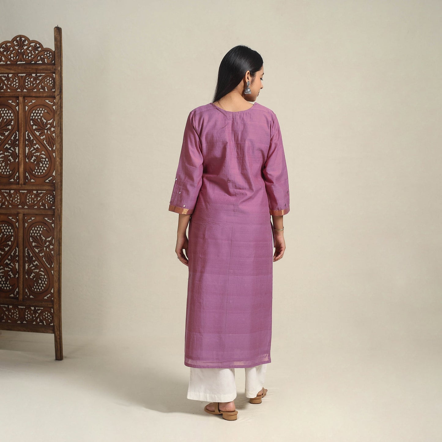 Handloom Cotton Mirror Work Purple Straight Mangalagiri Kurta for Women