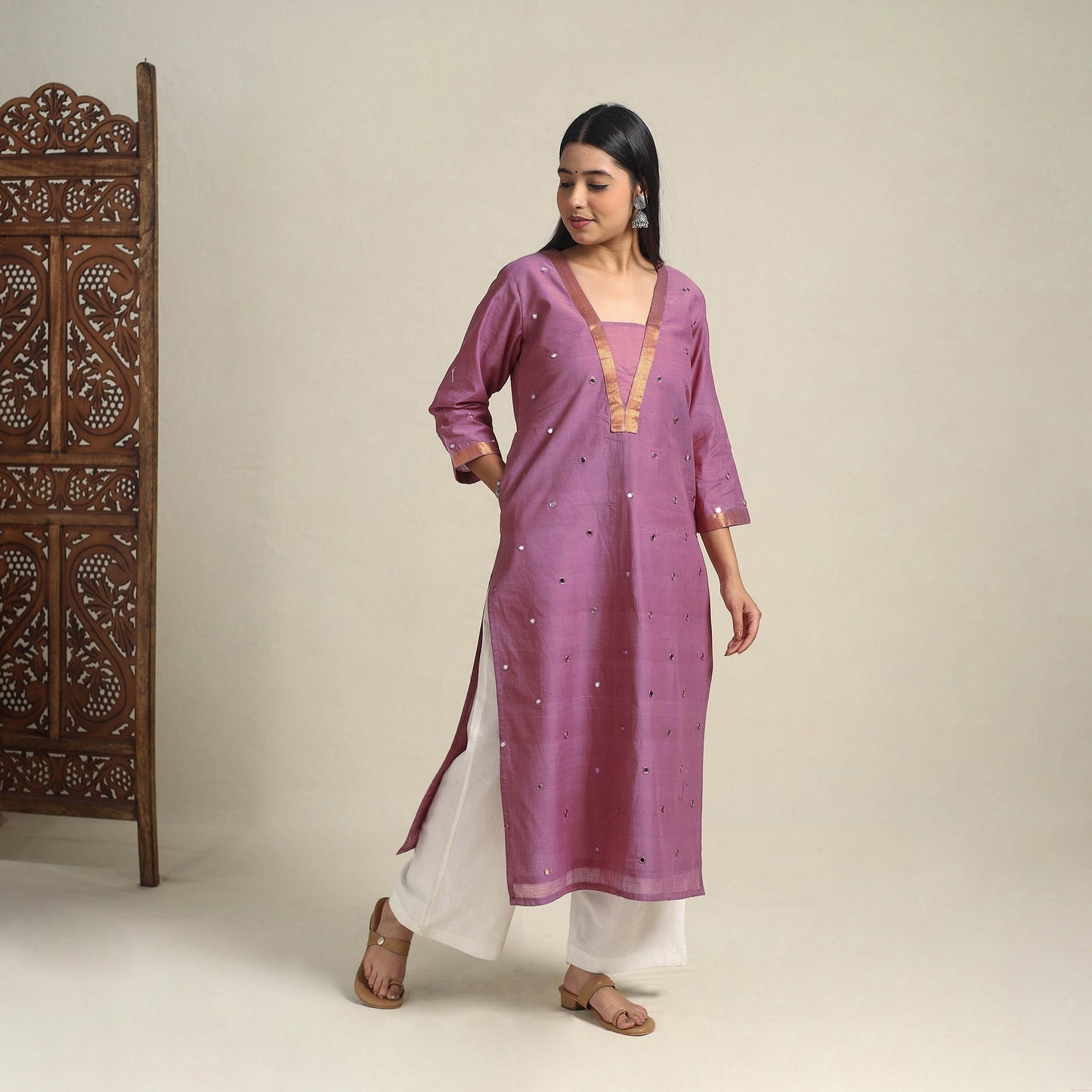 Handloom Cotton Mirror Work Purple Straight Mangalagiri Kurta for Women