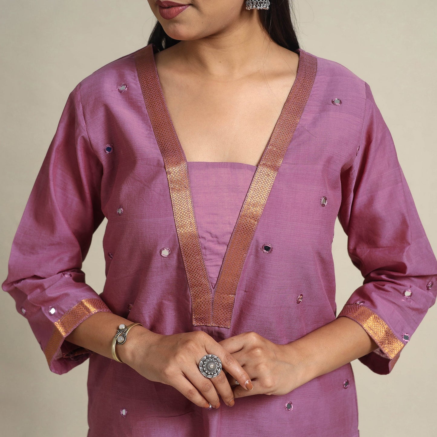 Handloom Cotton Mirror Work Purple Straight Mangalagiri Kurta for Women