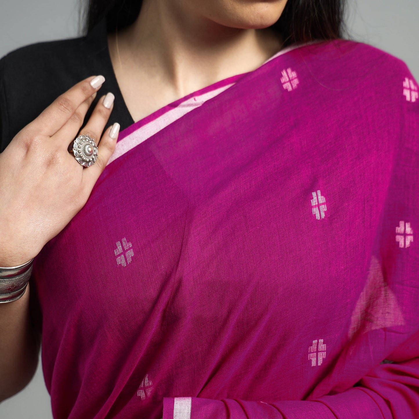 Purple - Handloom Cotton Phulia Jamdani Saree with Tassels
