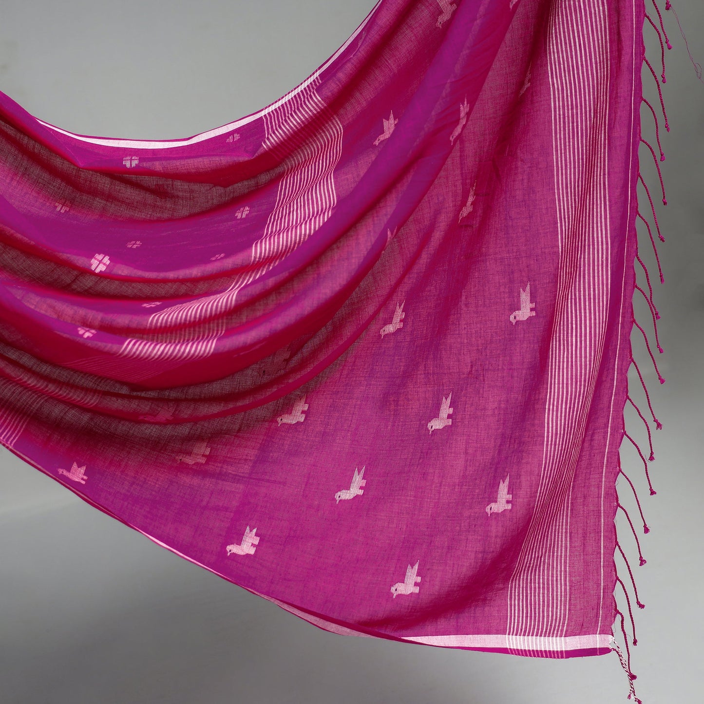 Purple - Handloom Cotton Phulia Jamdani Saree with Tassels