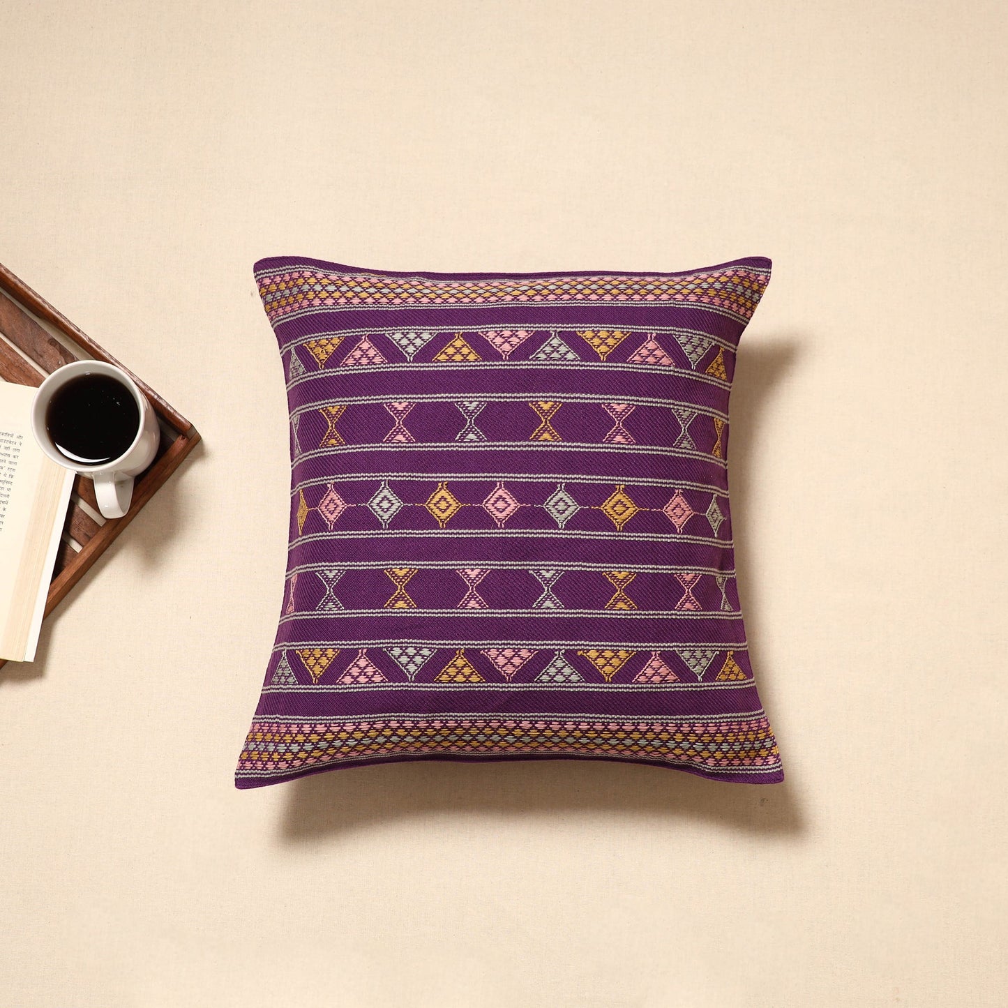Purple - handloom cotton urmul kashida stitch cushion cover