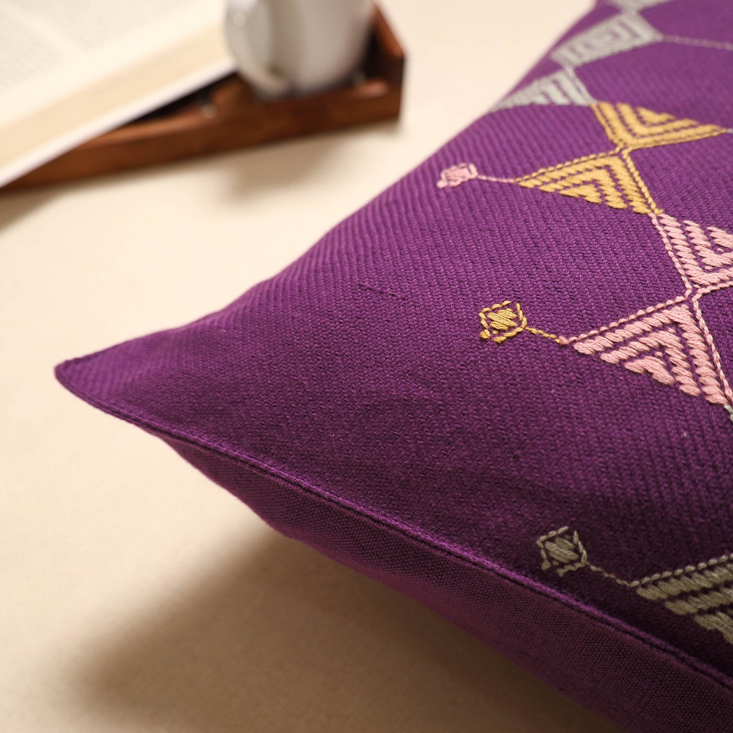 Purple - handloom cotton urmul kashida stitch cushion cover
