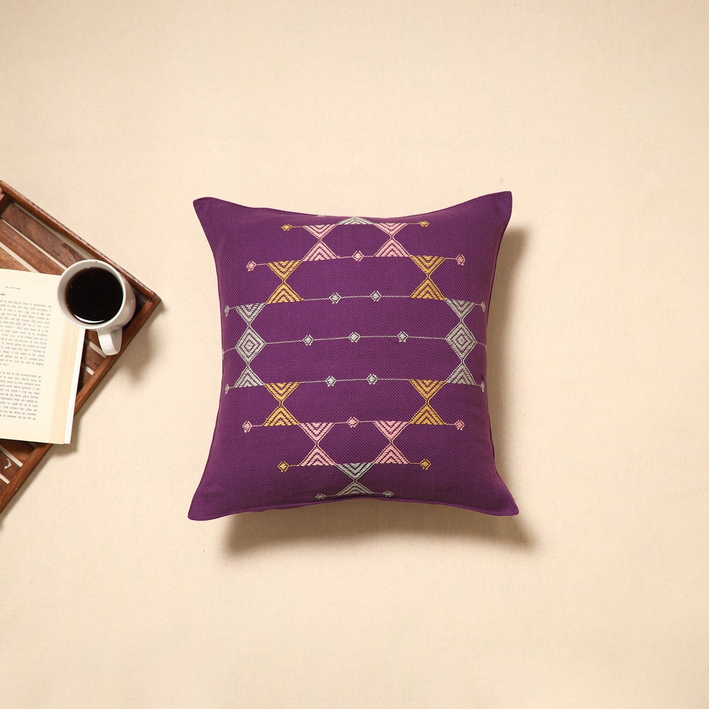 Purple - handloom cotton urmul kashida stitch cushion cover