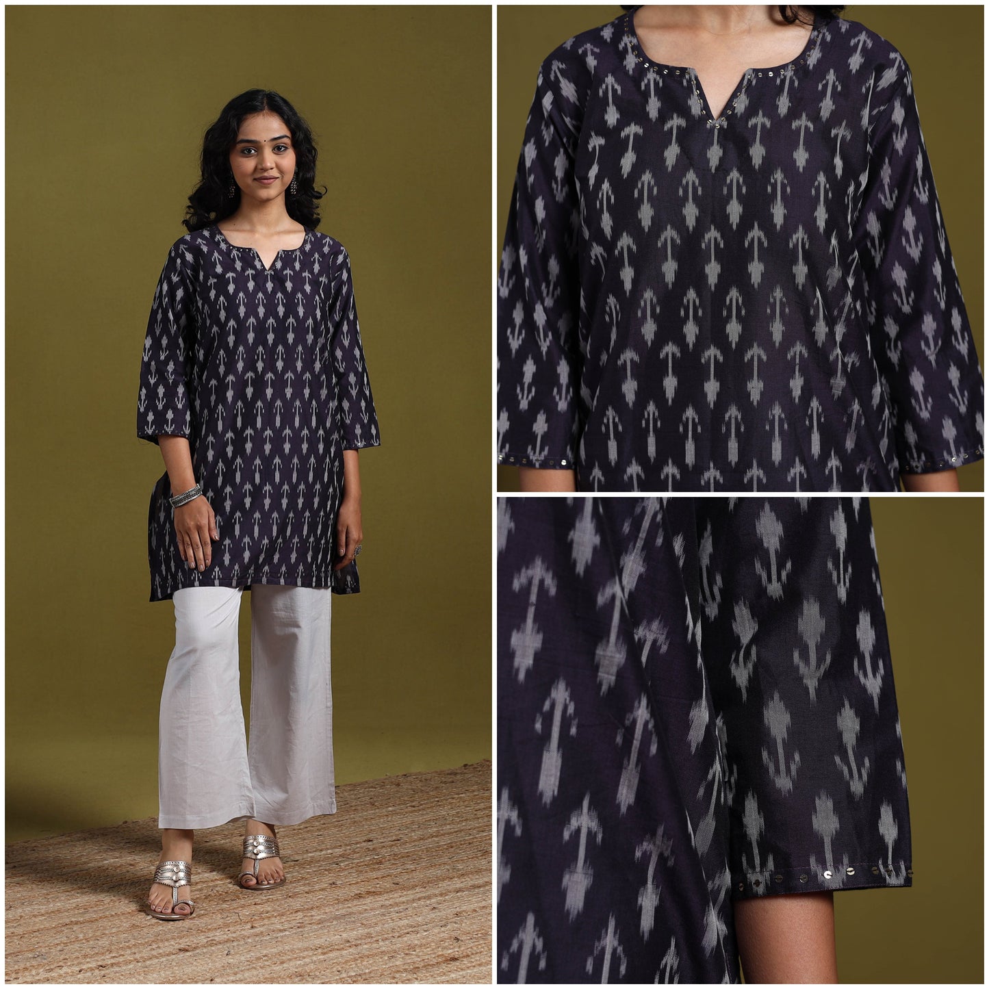 Handloom embroidered mercerised cotton short pochampally